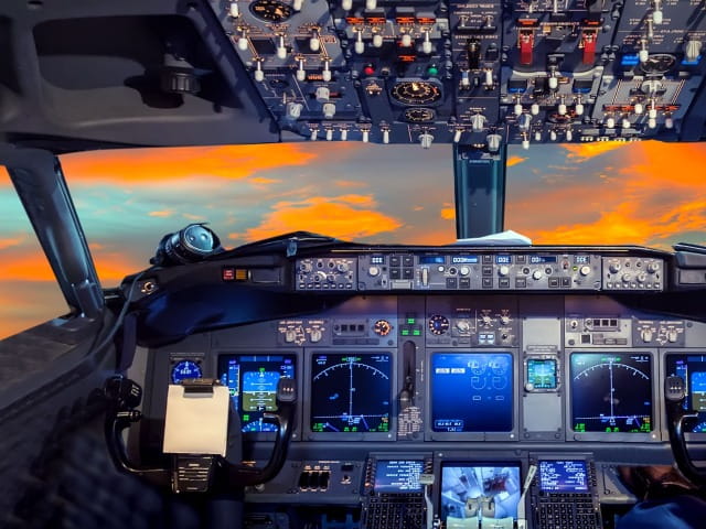 Airplane cockpit with electronics