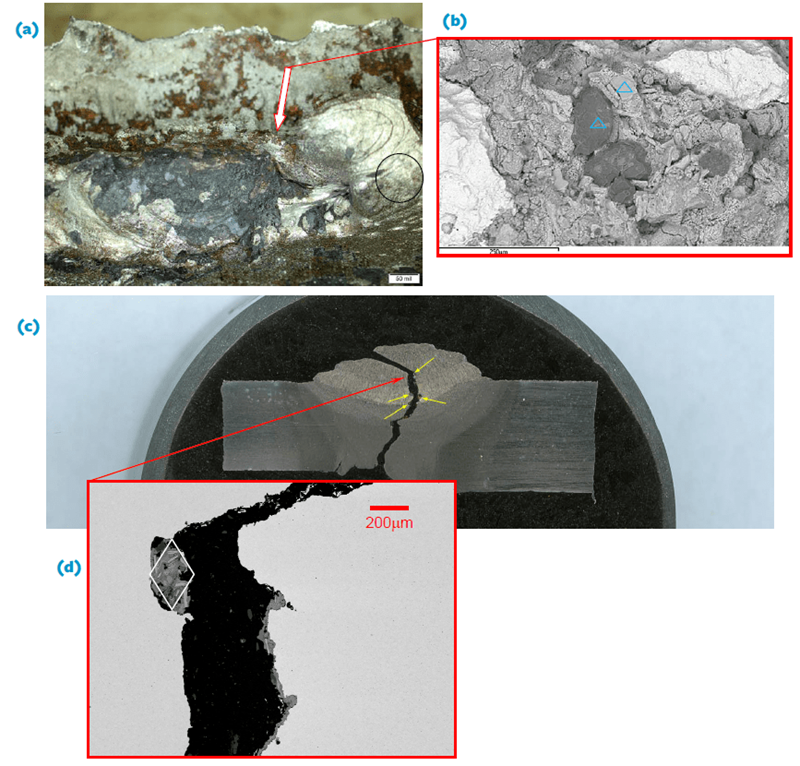 The girth weld on a large diameter pipeline was fractured and the origin of the break was identified by tracing convergent steps and arrest lines.