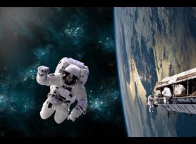 Astronaut floating in front of a planet and a satellite